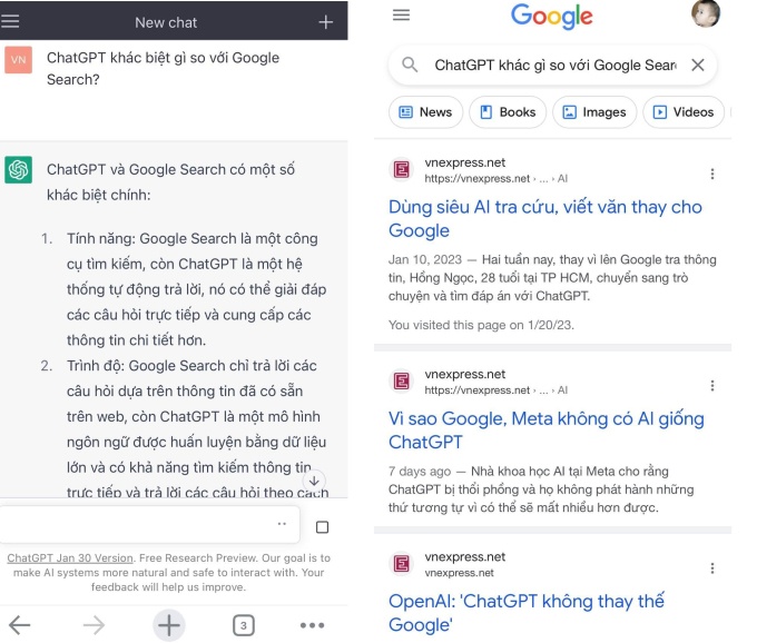 Khác biệt giữa ChatGPT và Google Search